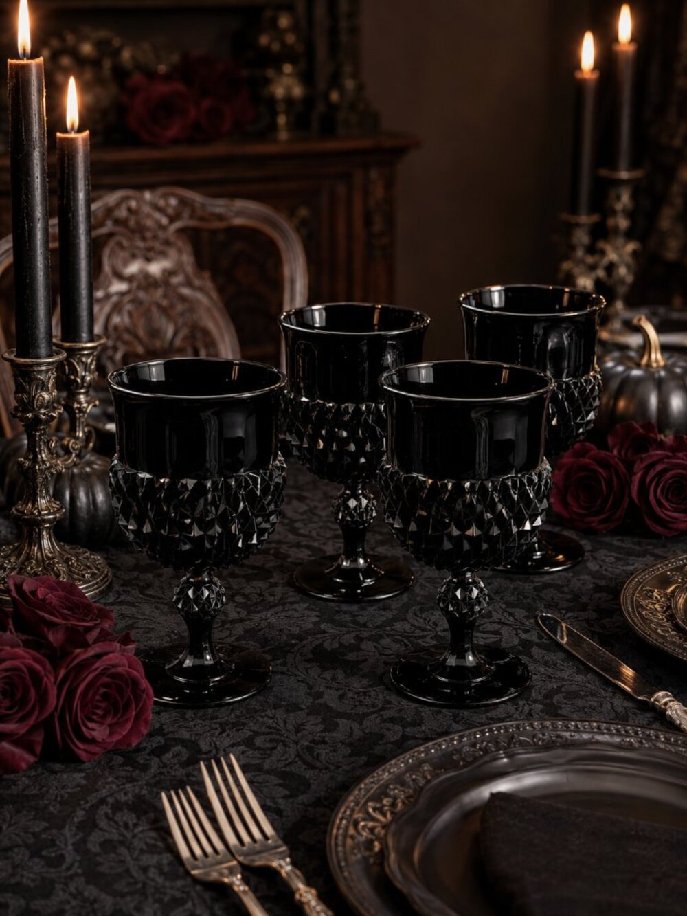 Vintage Indiana Glass Tiara Cameo Black Amethyst Goblets Set of 4